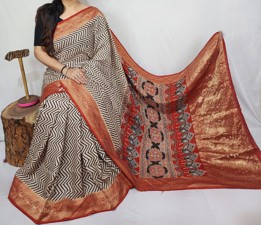 Ajrakh dola silk saree