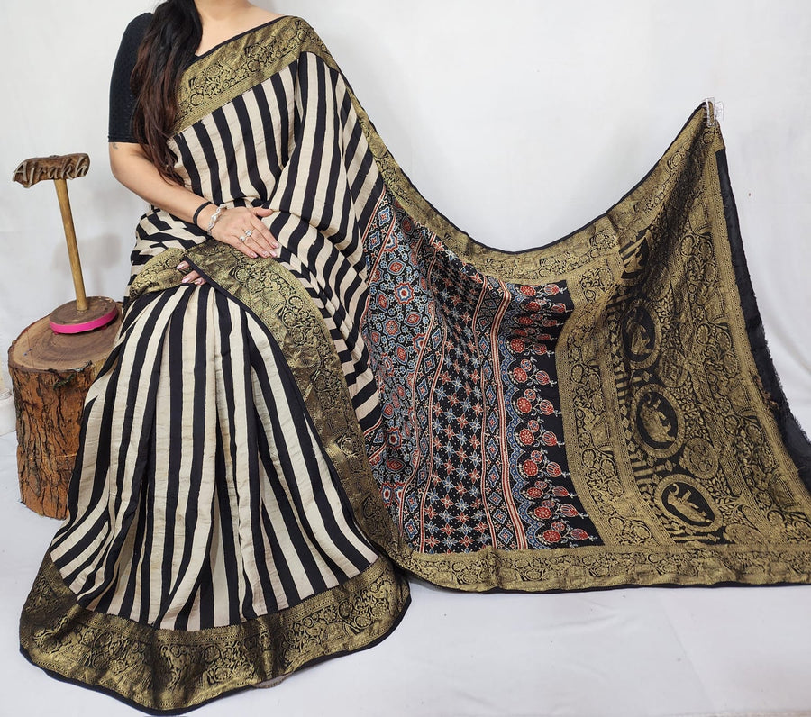 Ajrakh dola silk saree