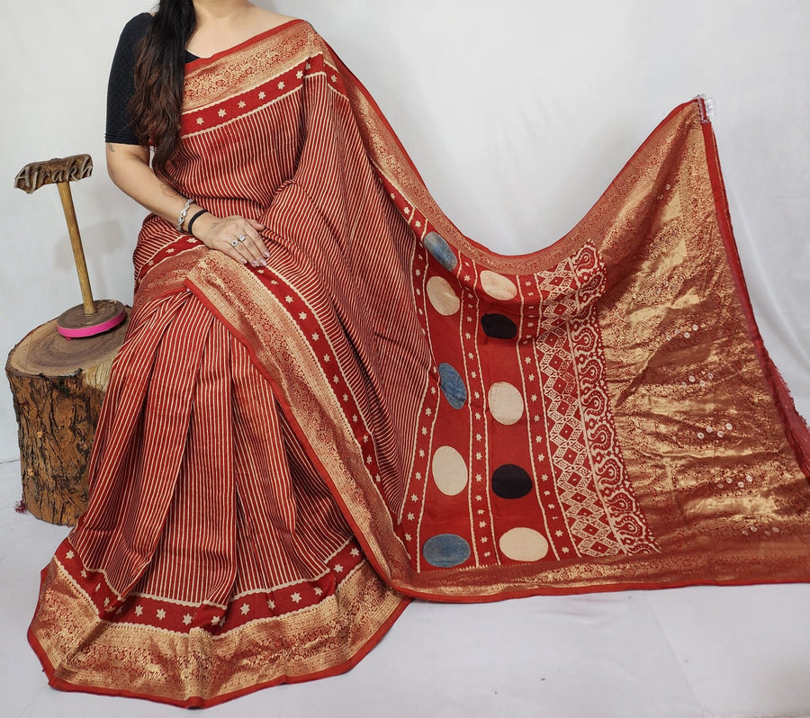 Ajrakh dola silk saree