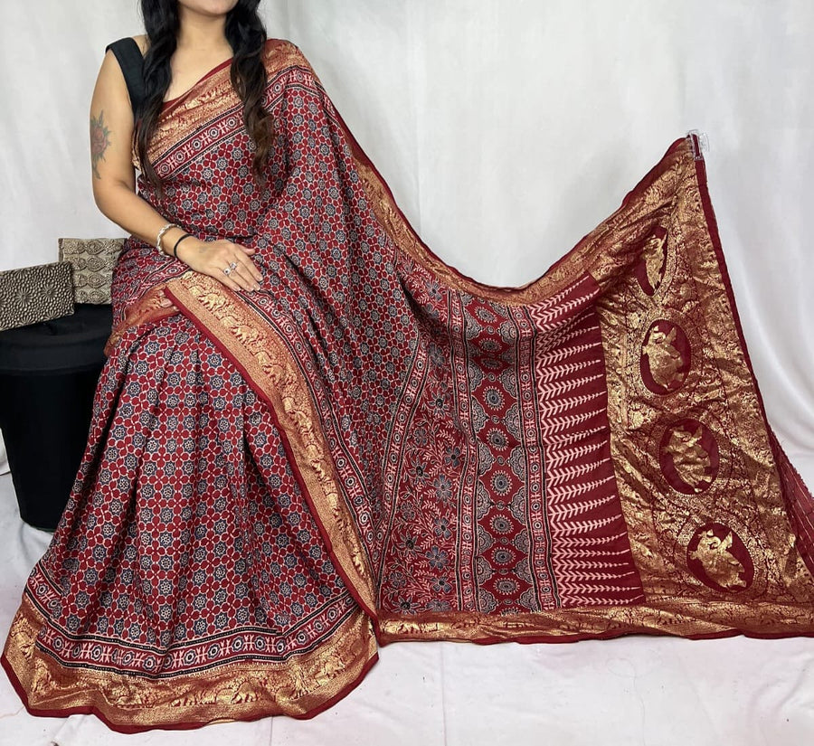 Ajrakh dola silk saree