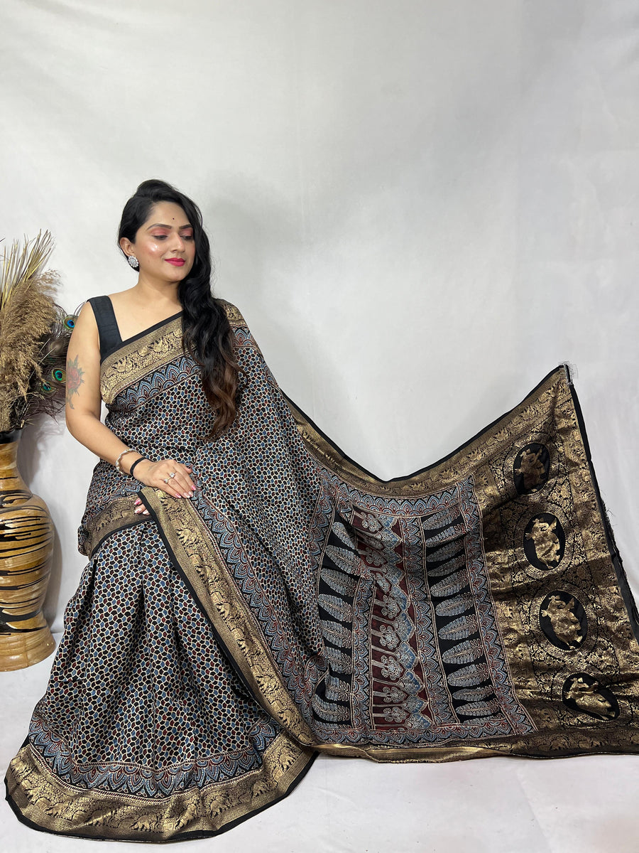 Ajrakh dola silk saree