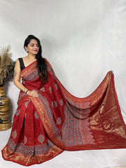 Ajrakh dola silk saree