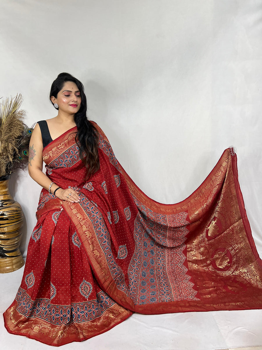 Ajrakh dola silk saree