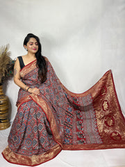 Ajrakh dola silk saree