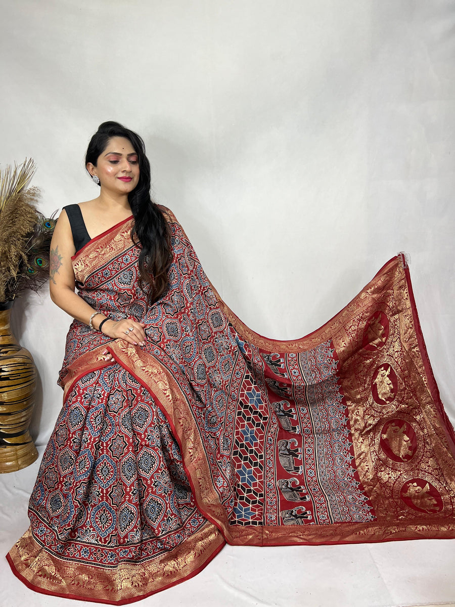 Ajrakh dola silk saree