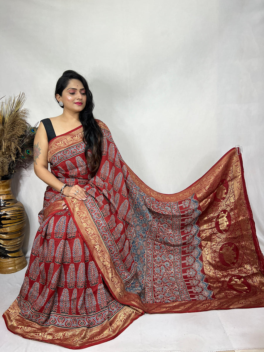 Ajrakh dola silk saree