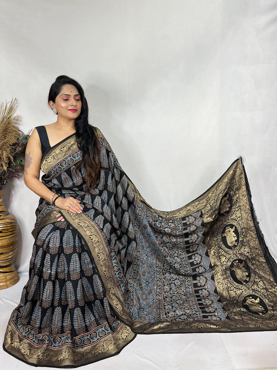 Ajrakh dola silk saree