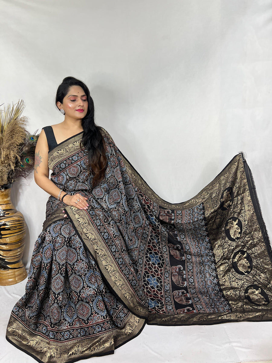 Ajrakh dola silk saree