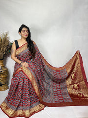Ajrakh dola silk saree