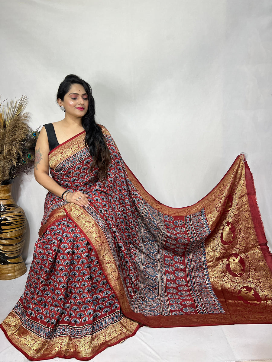 Ajrakh dola silk saree