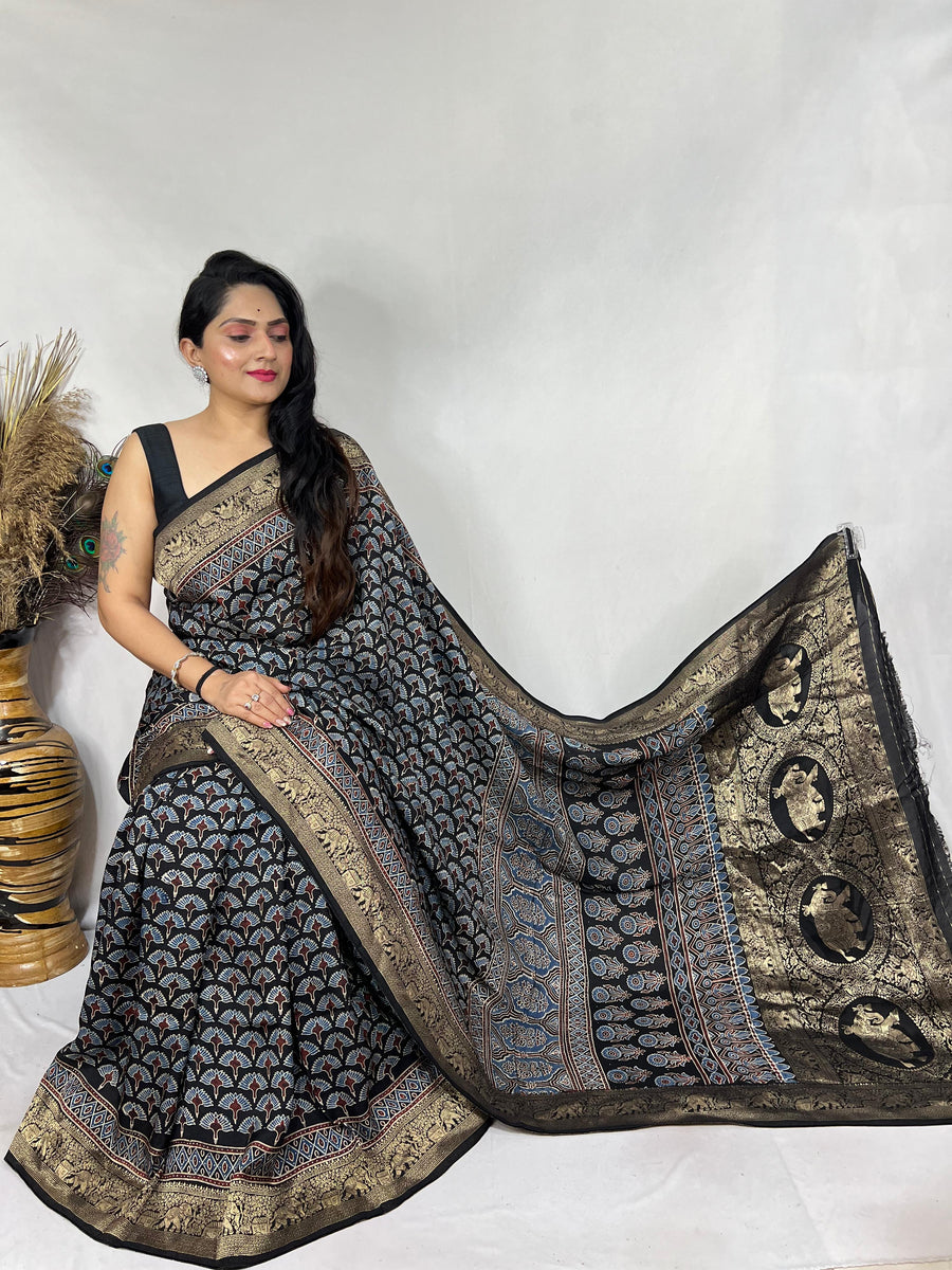 Ajrakh dola silk saree