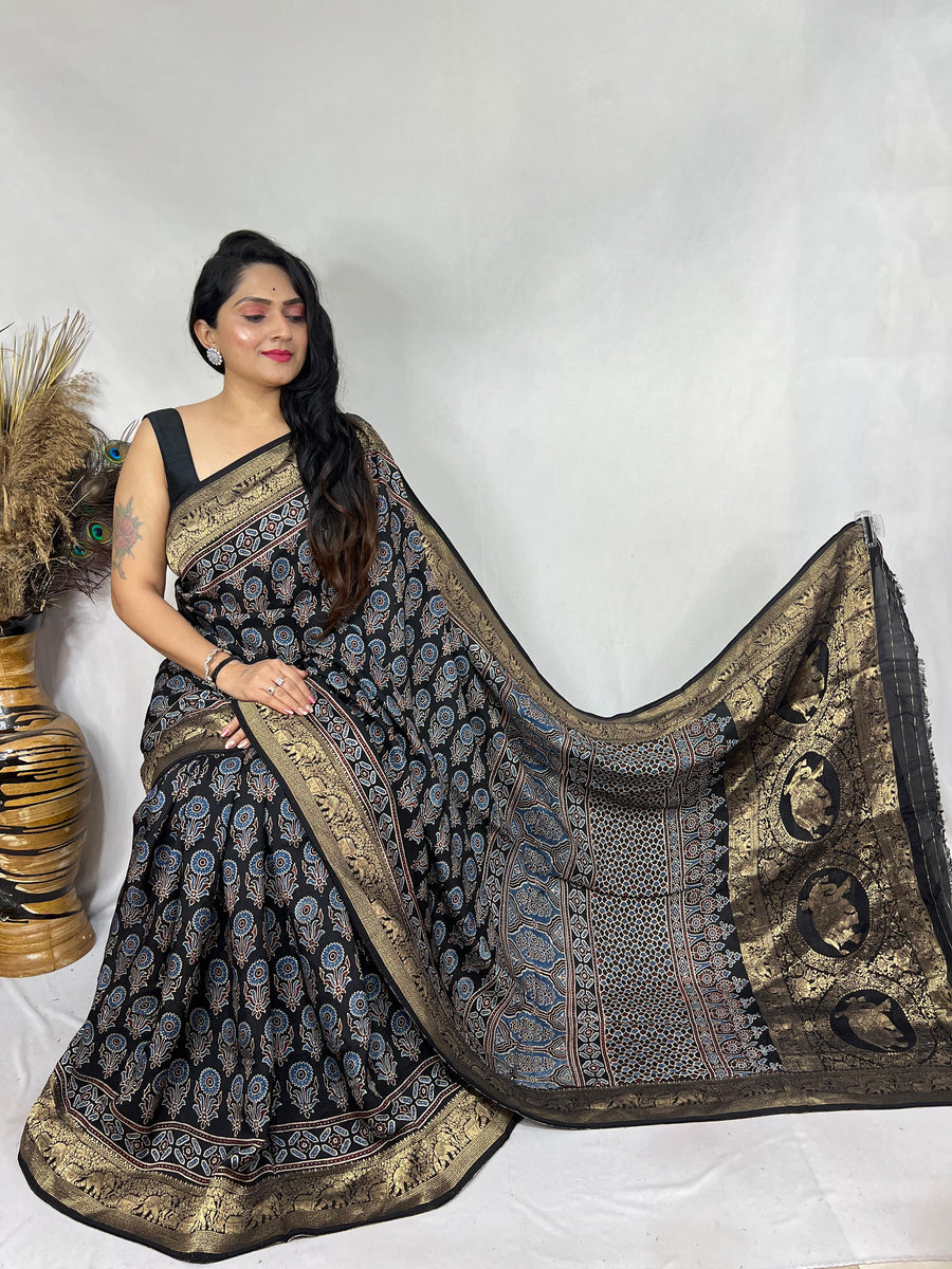 Ajrakh dola silk saree