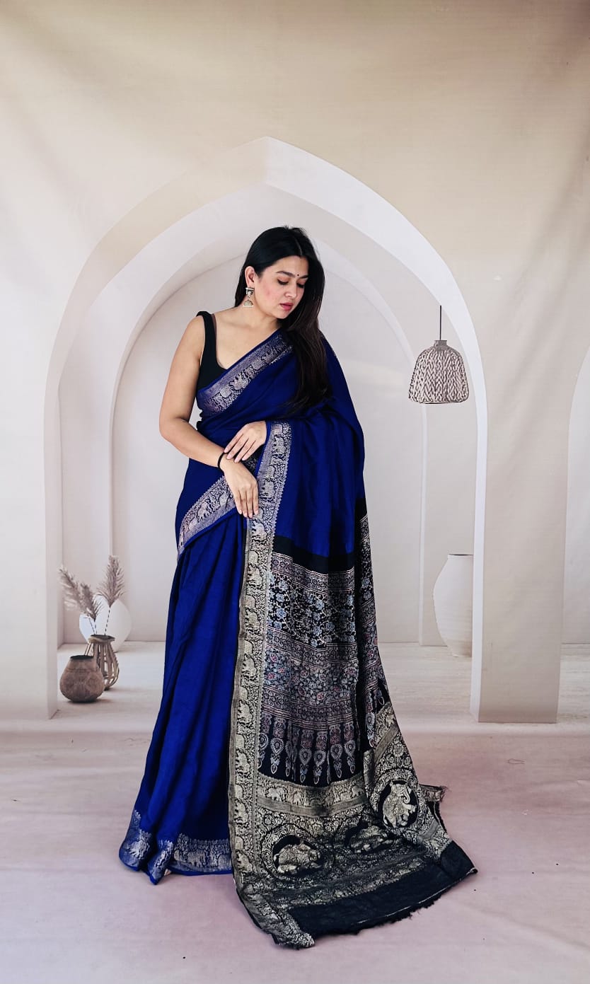Ajrakh dola silk saree