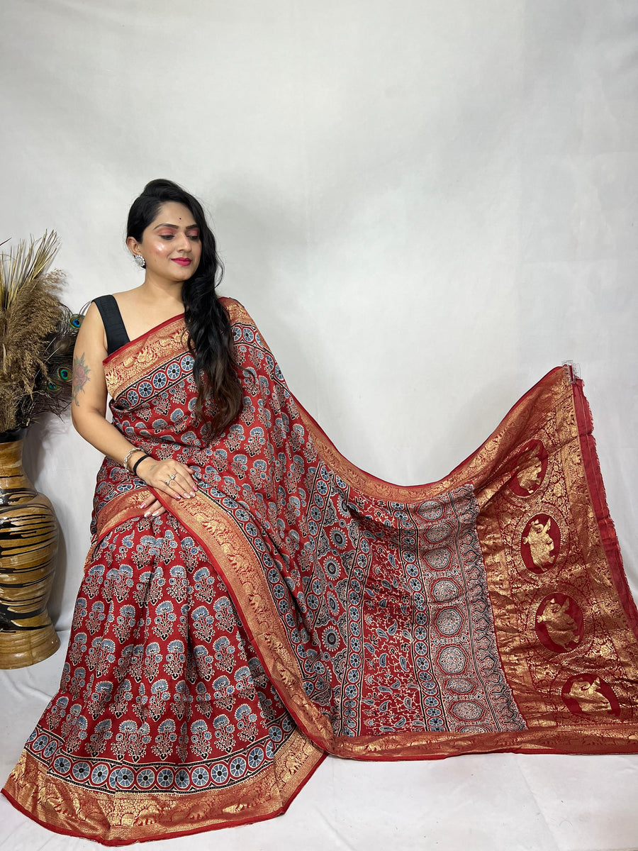 Ajrakh dola silk saree
