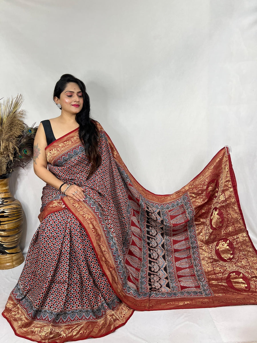 Ajrakh dola silk saree
