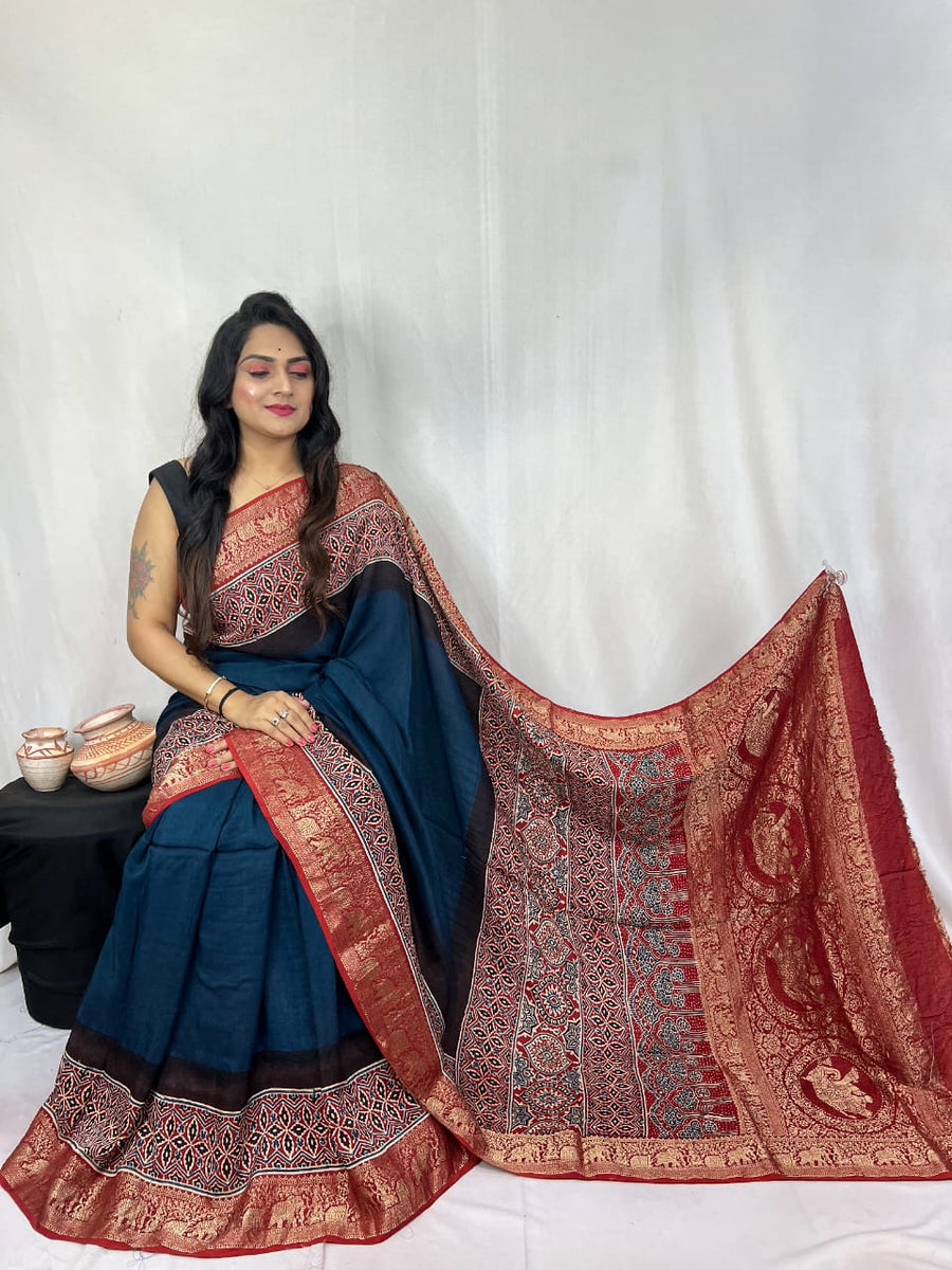 Ajrakh dola silk saree
