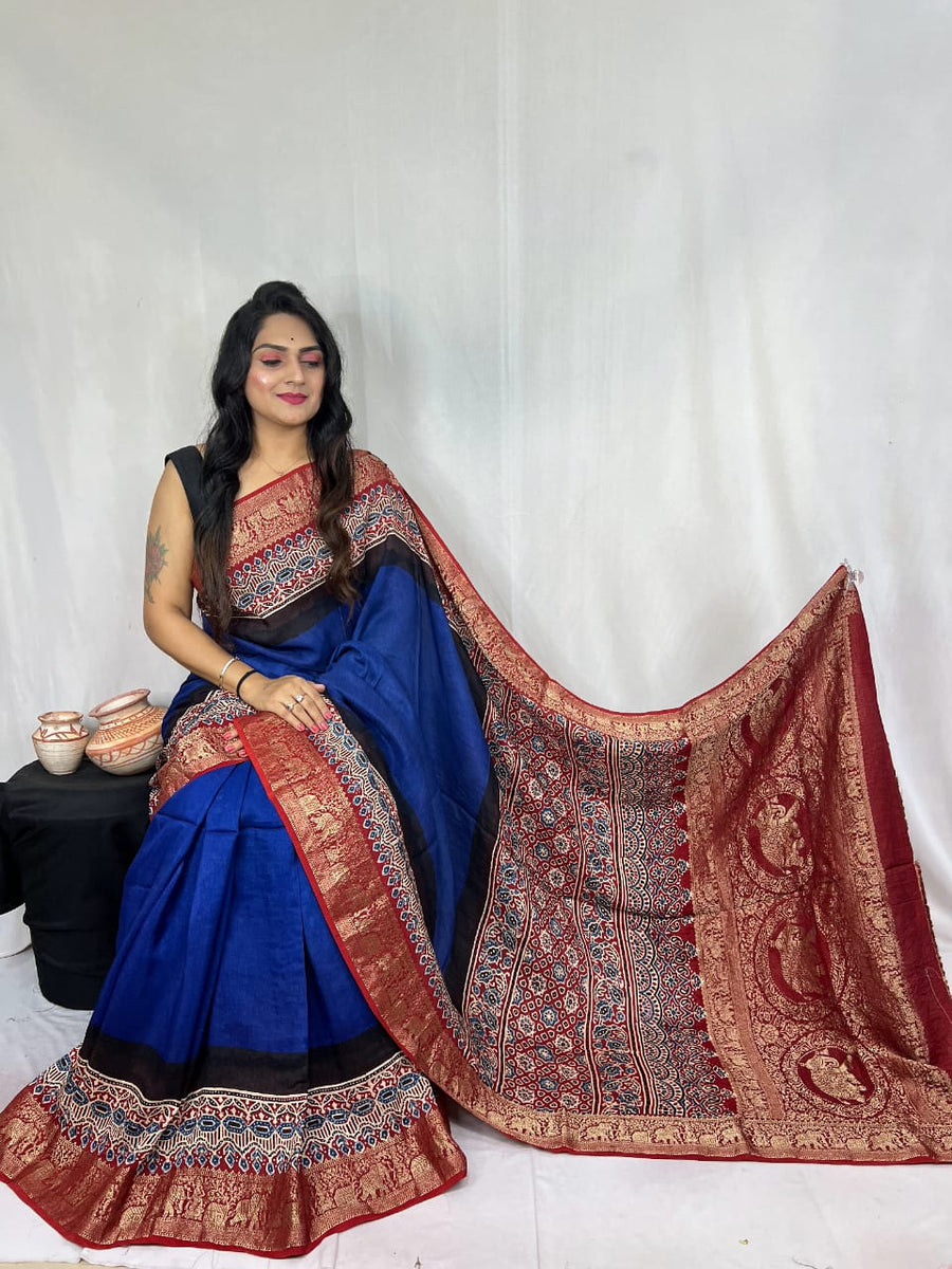Ajrakh dola silk saree