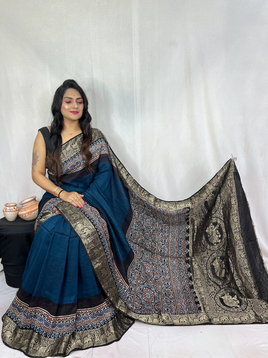 Ajrakh dola silk saree