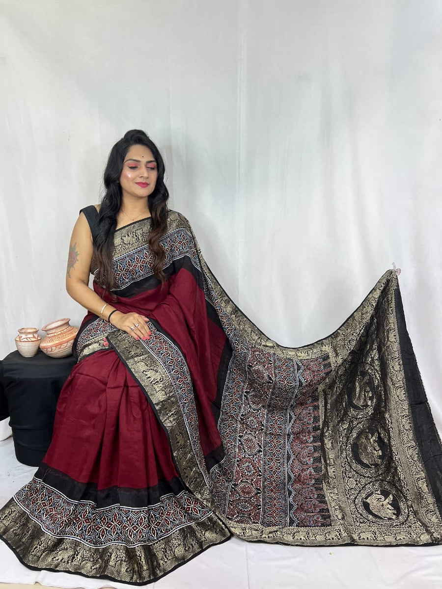 Ajrakh dola silk saree