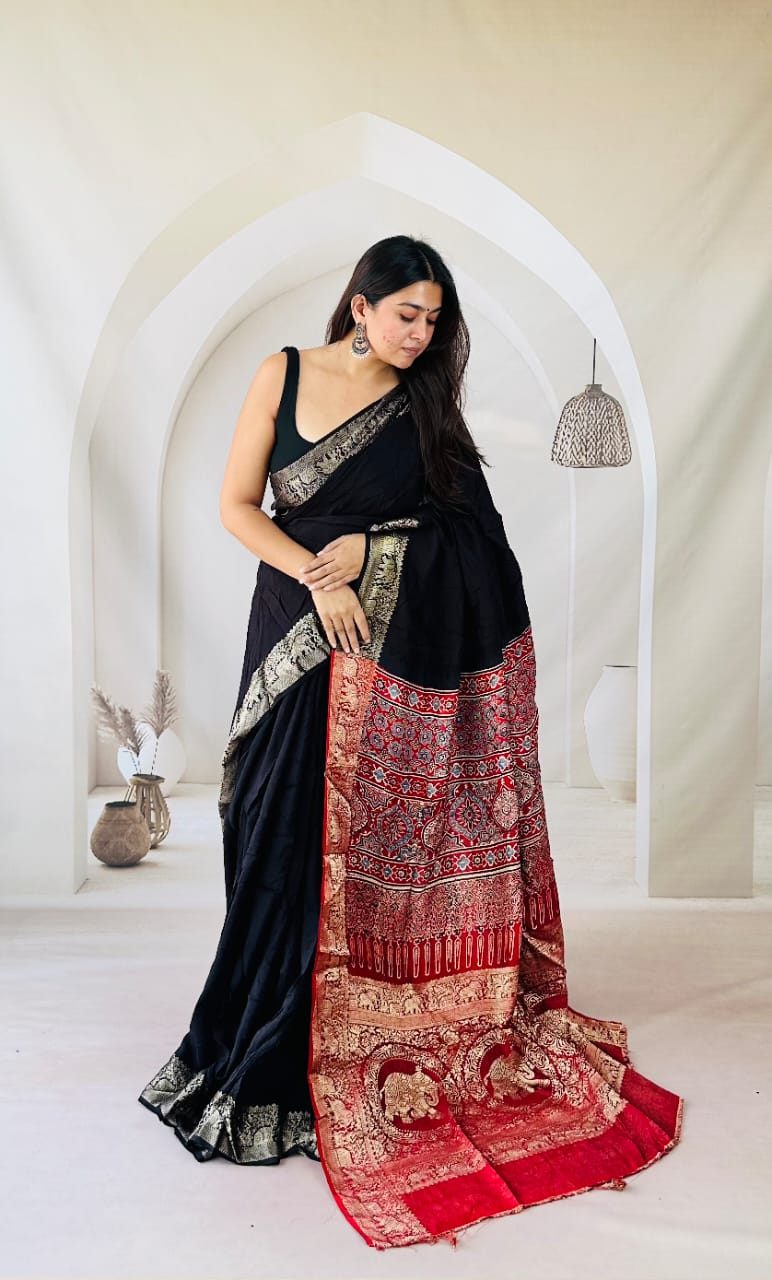 Ajrakh dola silk saree