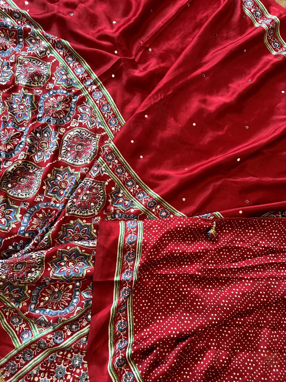 Ravishing red Ajrakh printed semi-pure modal silk saree