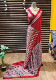 Ravishing red Ajrakh printed semi-pure modal silk saree