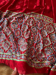 Ravishing red Ajrakh printed semi-pure modal silk saree