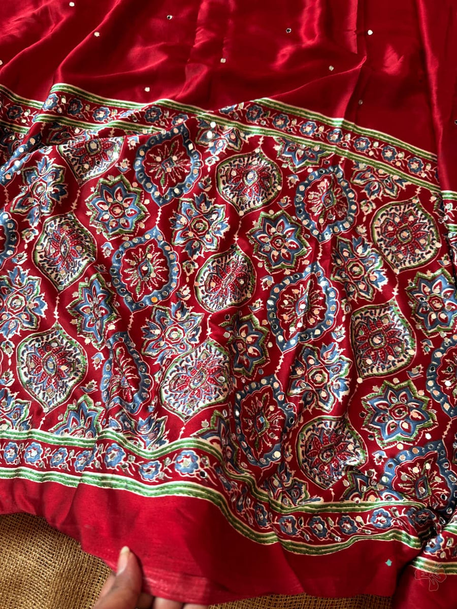 Ravishing red Ajrakh printed semi-pure modal silk saree