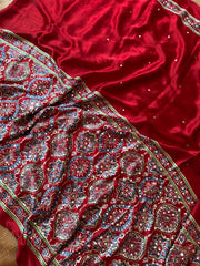 Ravishing red Ajrakh printed semi-pure modal silk saree