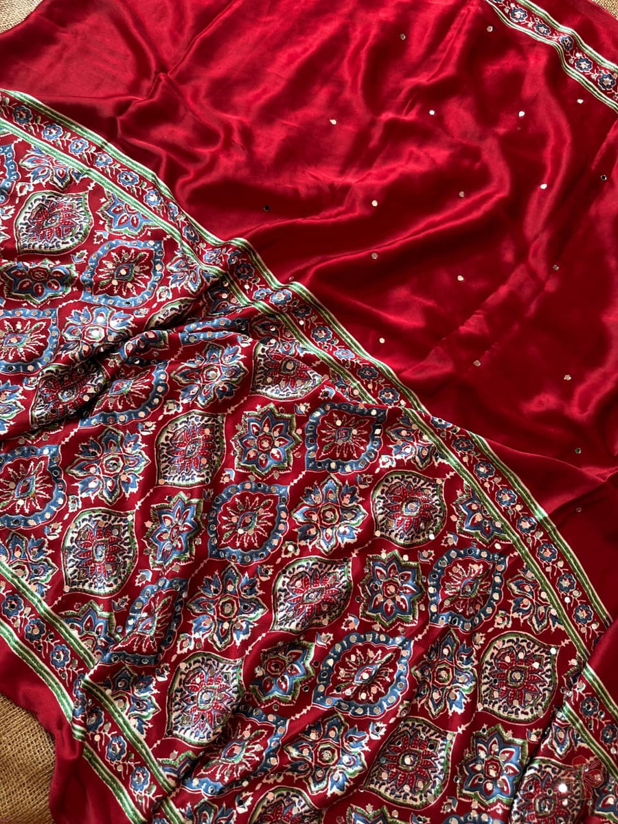 Ravishing red Ajrakh printed semi-pure modal silk saree
