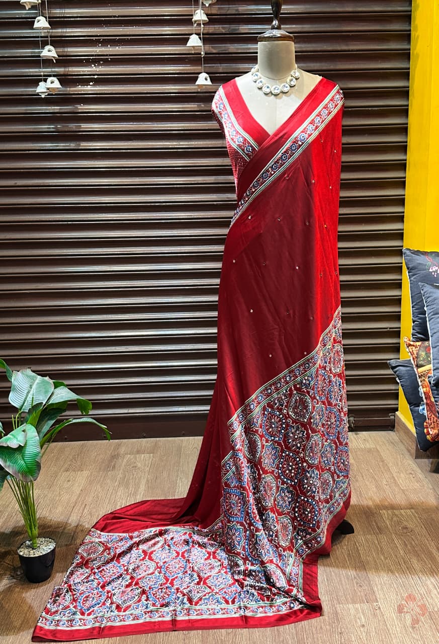 Ravishing red Ajrakh printed semi-pure modal silk saree