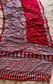 Ravishing red Ajrakh printed semi-pure modal silk saree