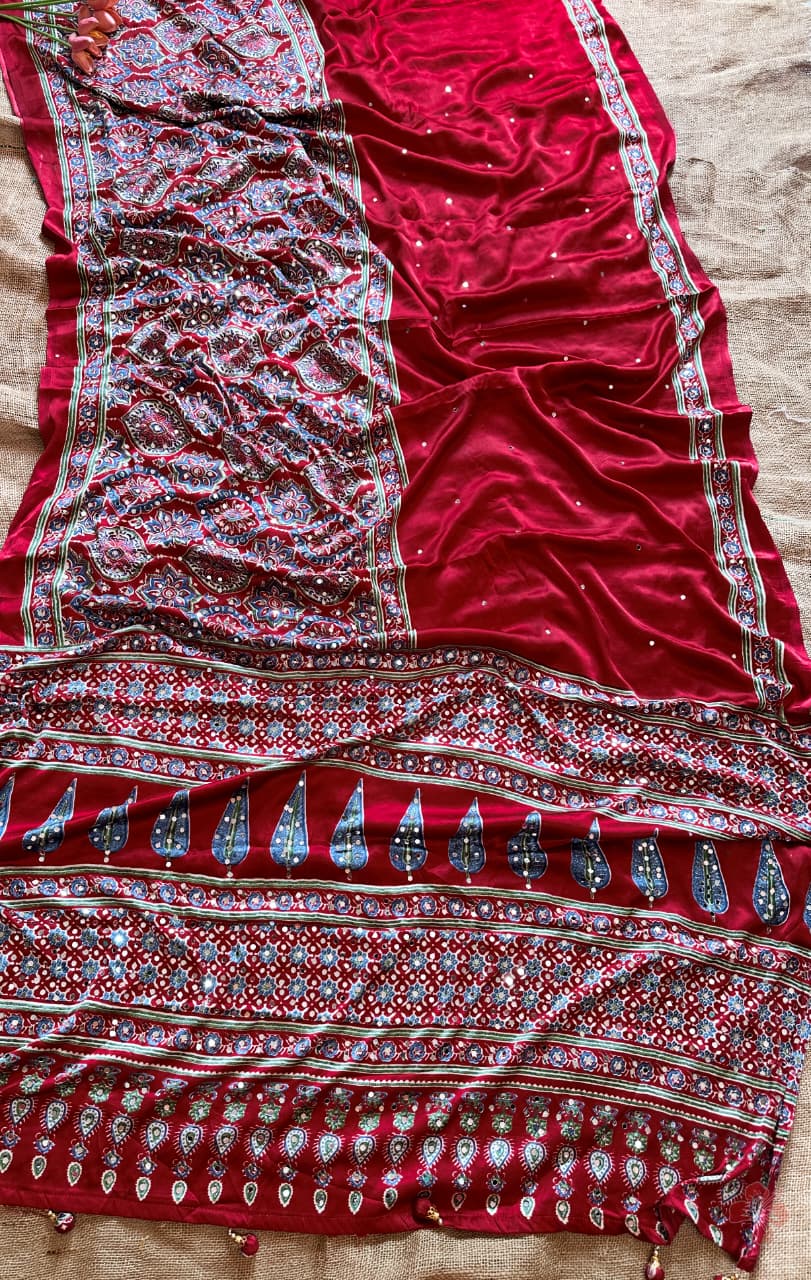 Ravishing red Ajrakh printed semi-pure modal silk saree