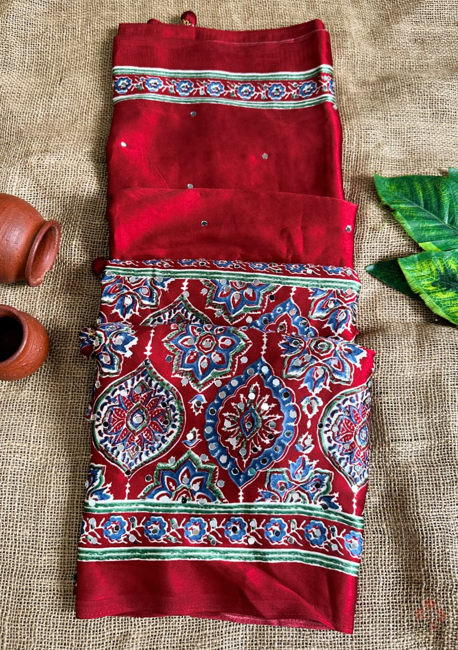 Ravishing red Ajrakh printed semi-pure modal silk saree
