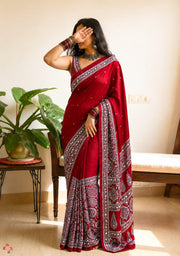 Ravishing red Ajrakh printed semi-pure modal silk saree