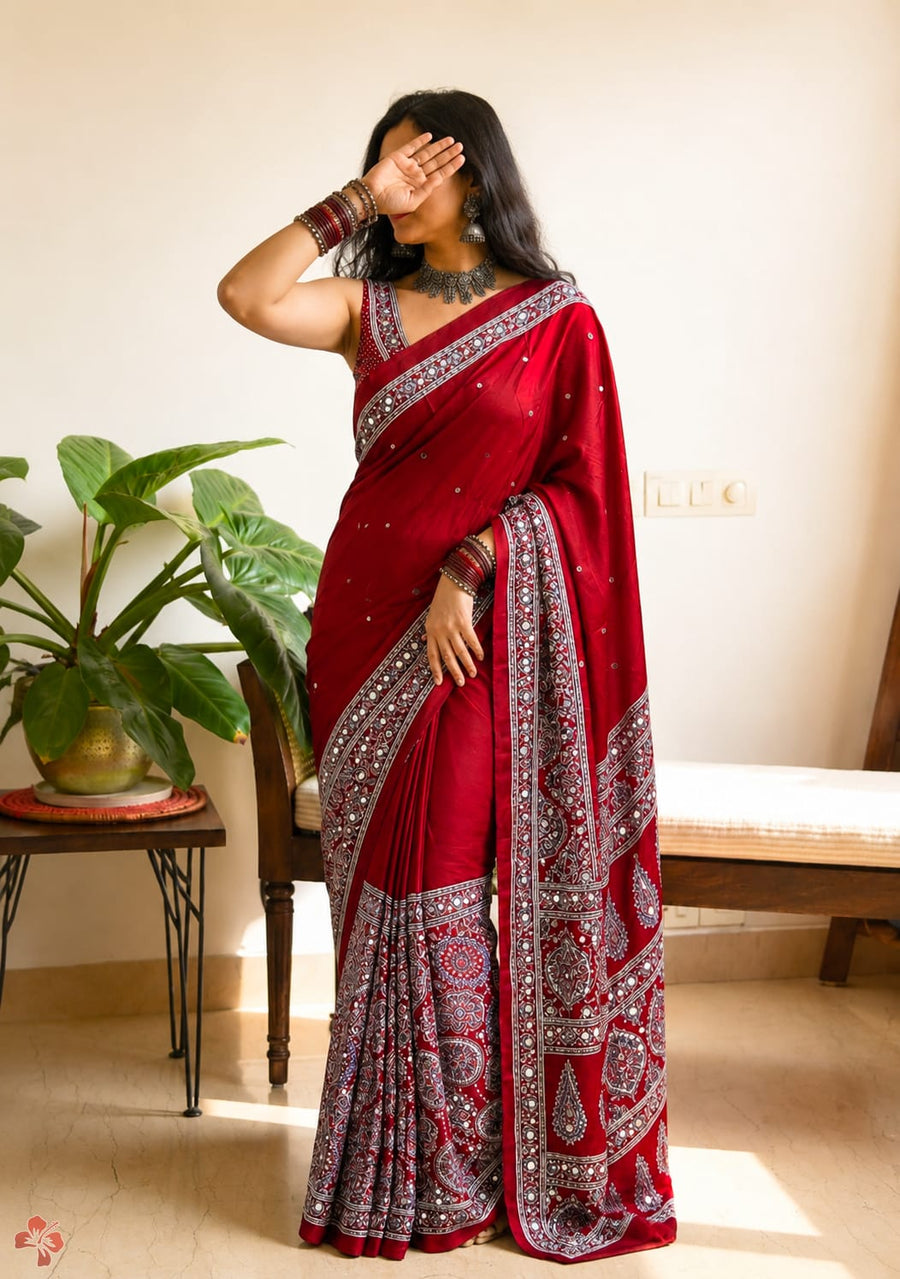 Ravishing red Ajrakh printed semi-pure modal silk saree