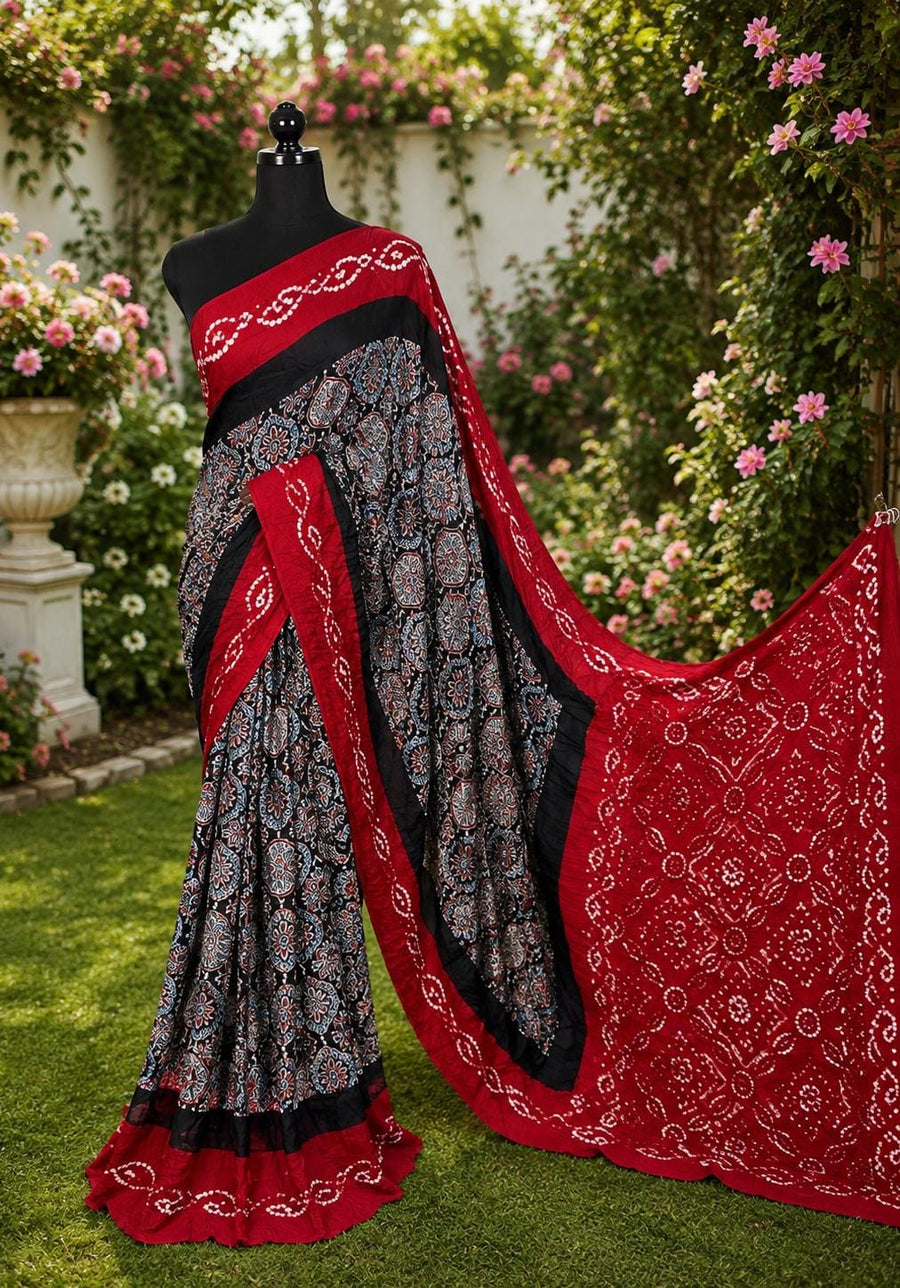 Pure Modal Silk Ajrakh Bandhni Saree