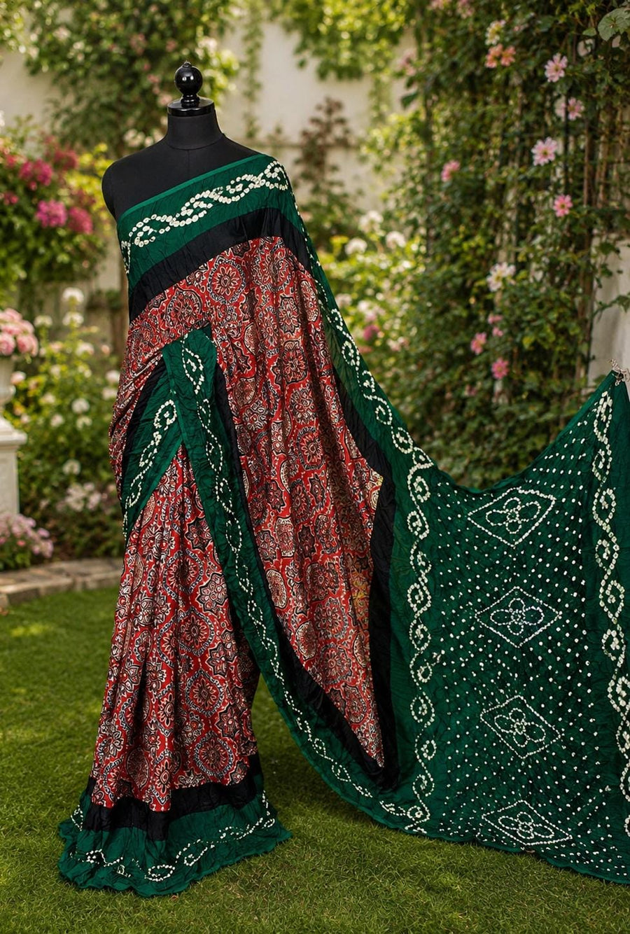 Pure Modal Silk Ajrakh Bandhni Saree