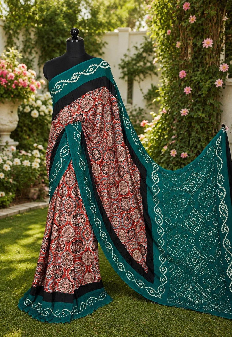 Pure Modal Silk Ajrakh Bandhni Saree