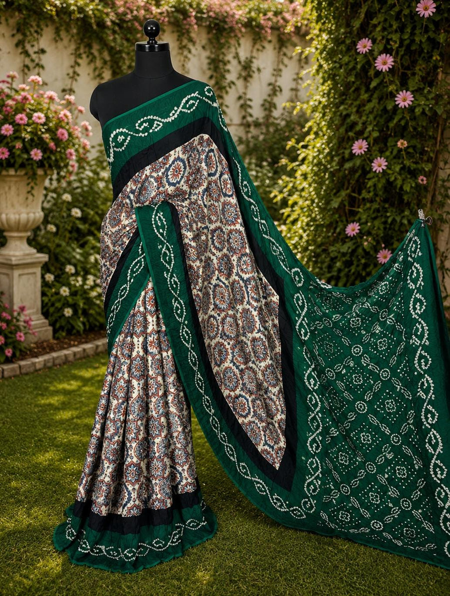 Pure Modal Silk Ajrakh Bandhni Saree