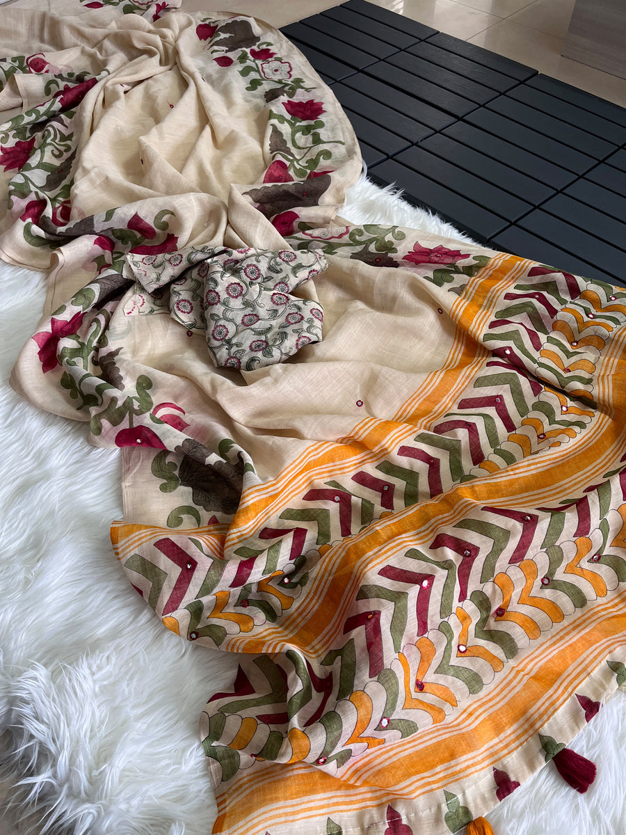 Premium Linen Mirror Saree