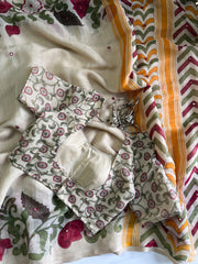 Premium Linen Mirror Saree with all-over Kalamkari