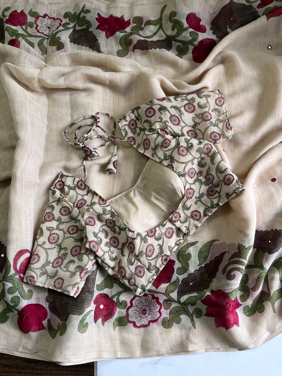 Premium Linen Mirror Saree with all-over Kalamkari