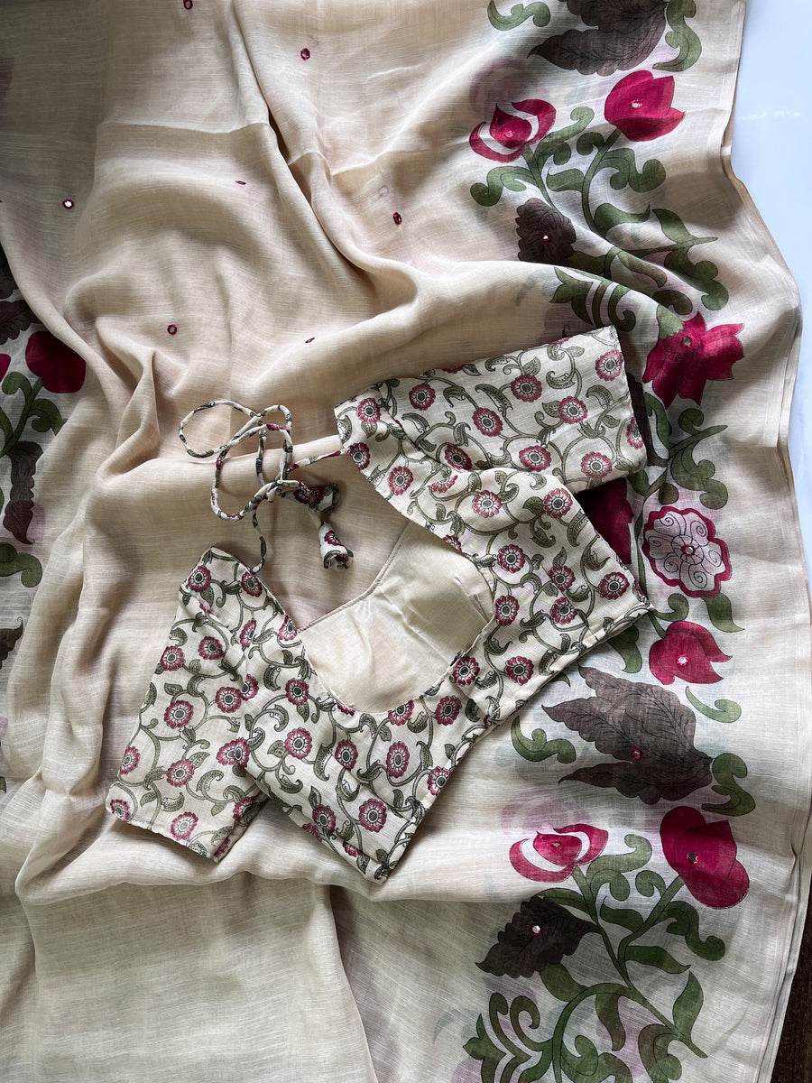 Premium Linen Mirror Saree with all-over Kalamkari