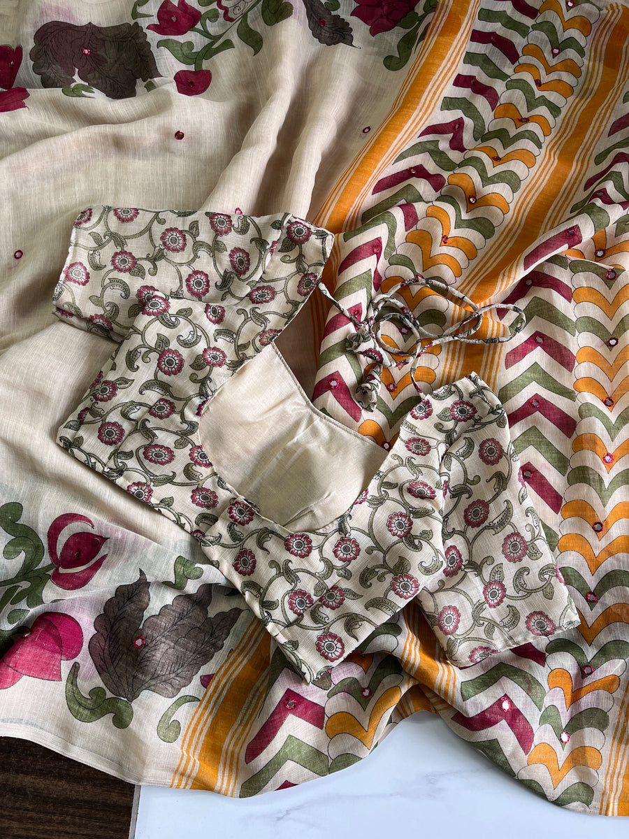 Premium Linen Mirror Saree with all-over Kalamkari