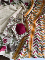 Premium Linen Mirror Saree with all-over Kalamkari