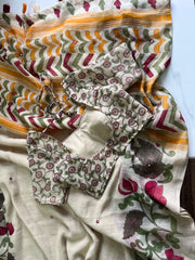 Premium Linen Mirror Saree with all-over Kalamkari