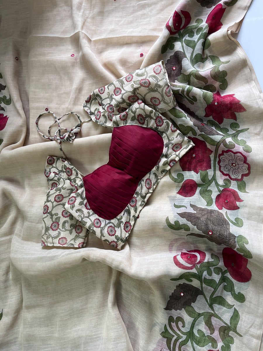 Premium Linen Mirror Saree with all-over Kalamkari