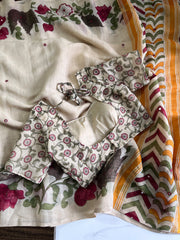 Premium Linen Mirror Saree with all-over Kalamkari
