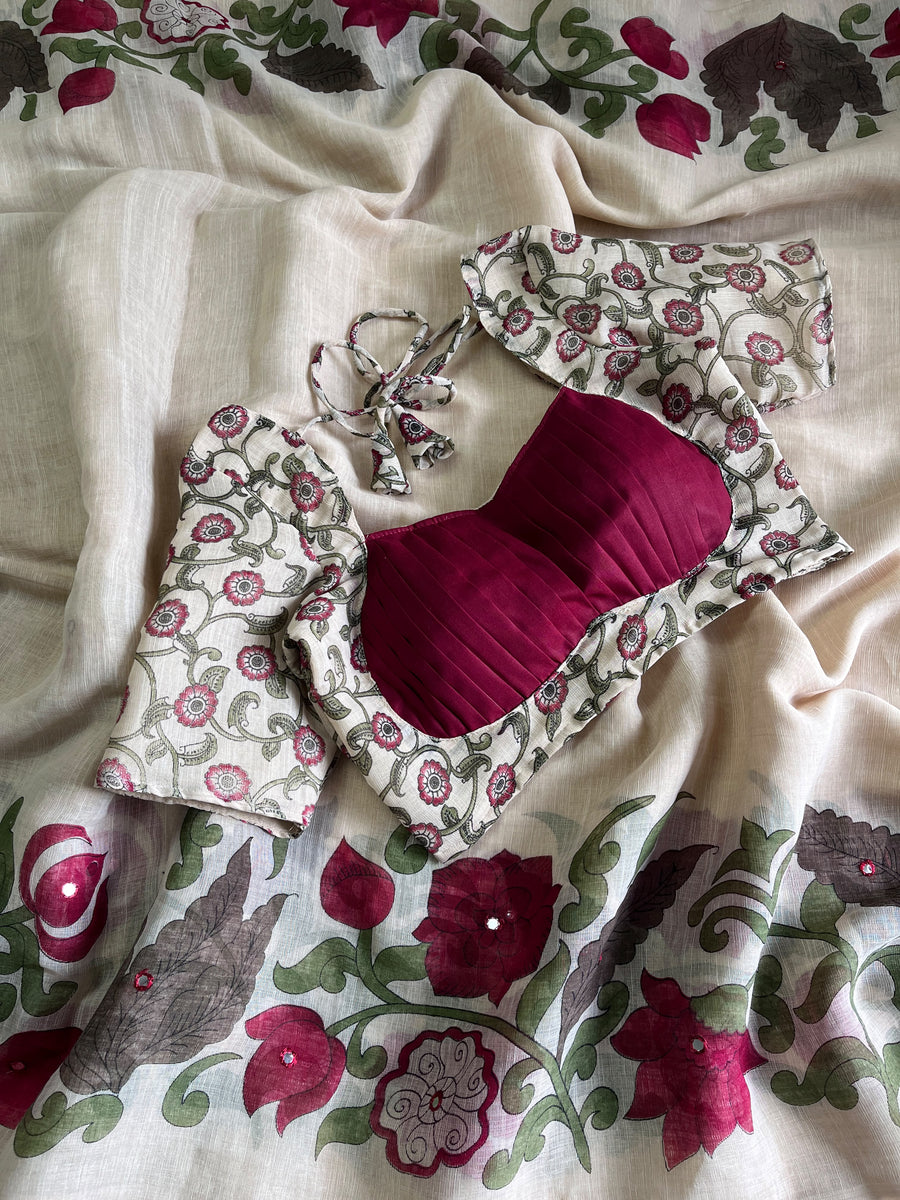 Premium Linen Mirror Saree with all-over Kalamkari